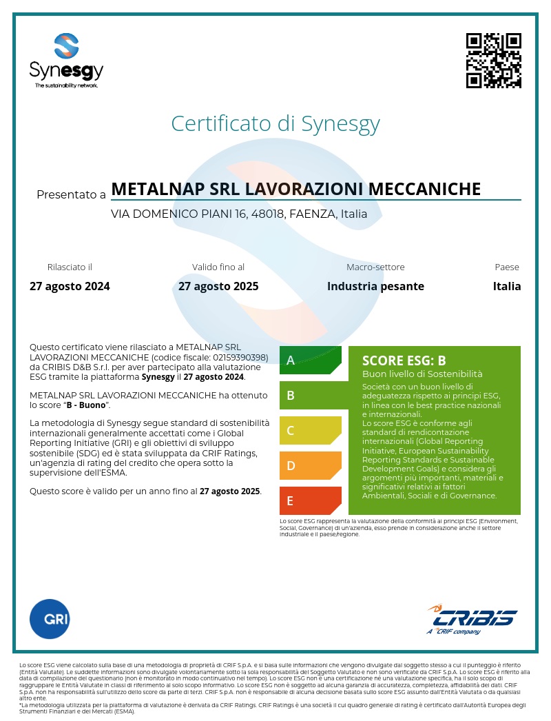 Certificato di Synesgy presentato a Metalnap Srl Lavorazioni meccaniche per lo score Buono sul rispetto ai principi ESG